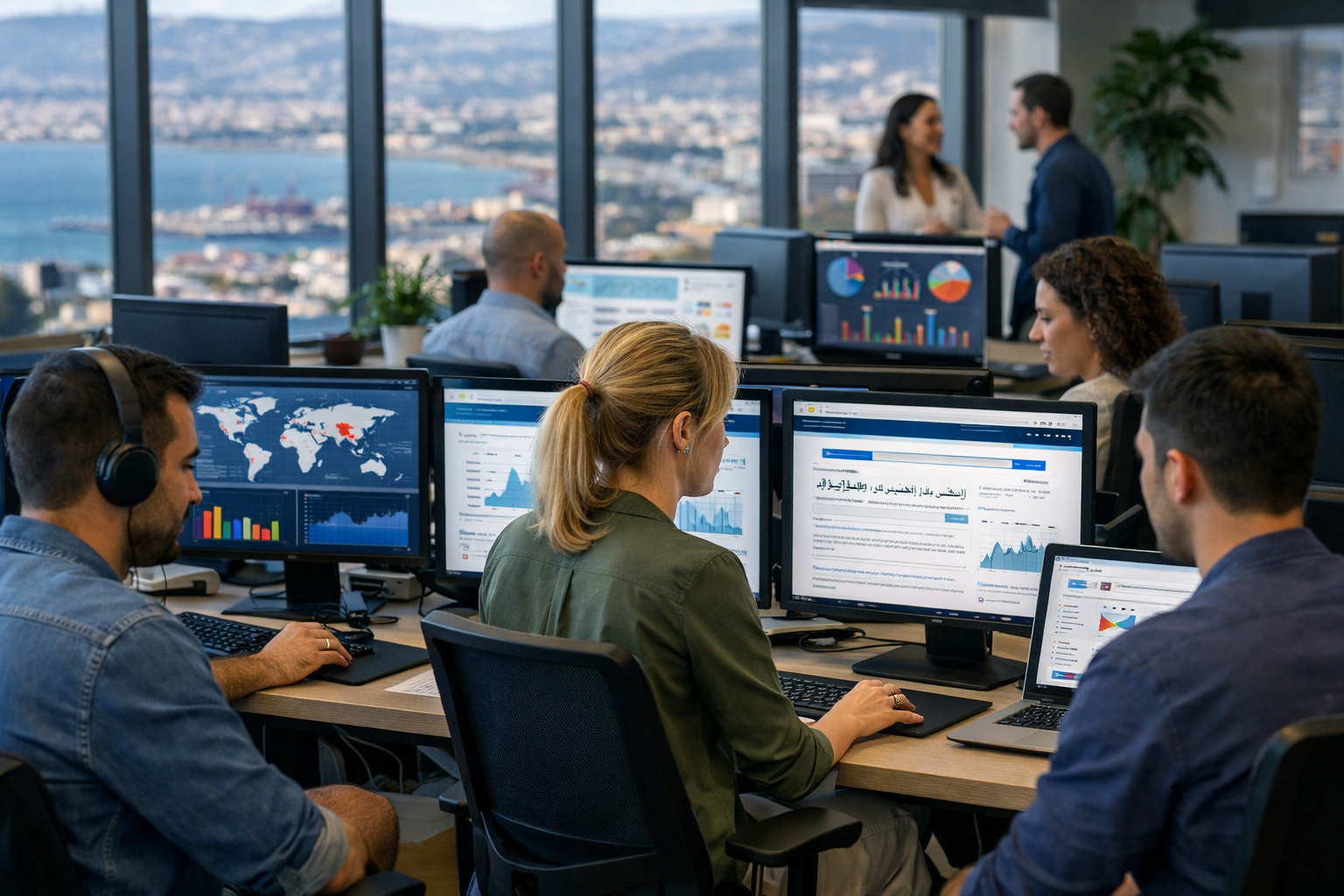 Office in Haifa with workers on computers showing multilingual content.