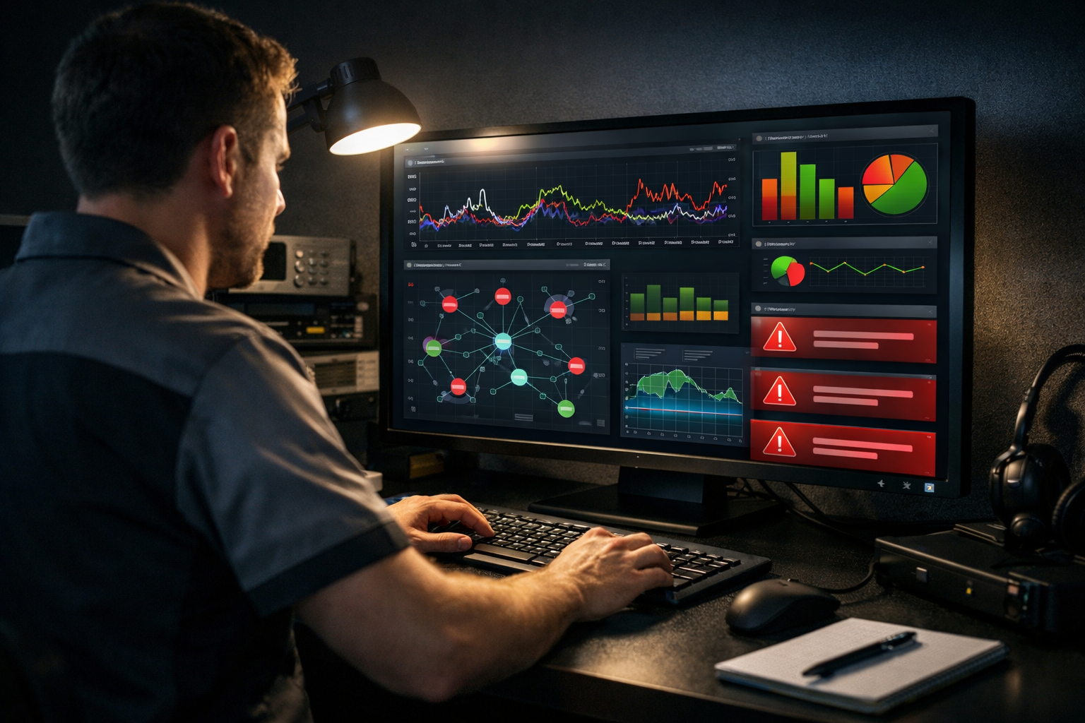 Technician using software for automated NAP monitoring at a computer.
