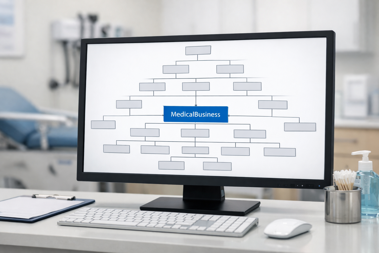 Computer screen with schema markup chart in a clinic setting.