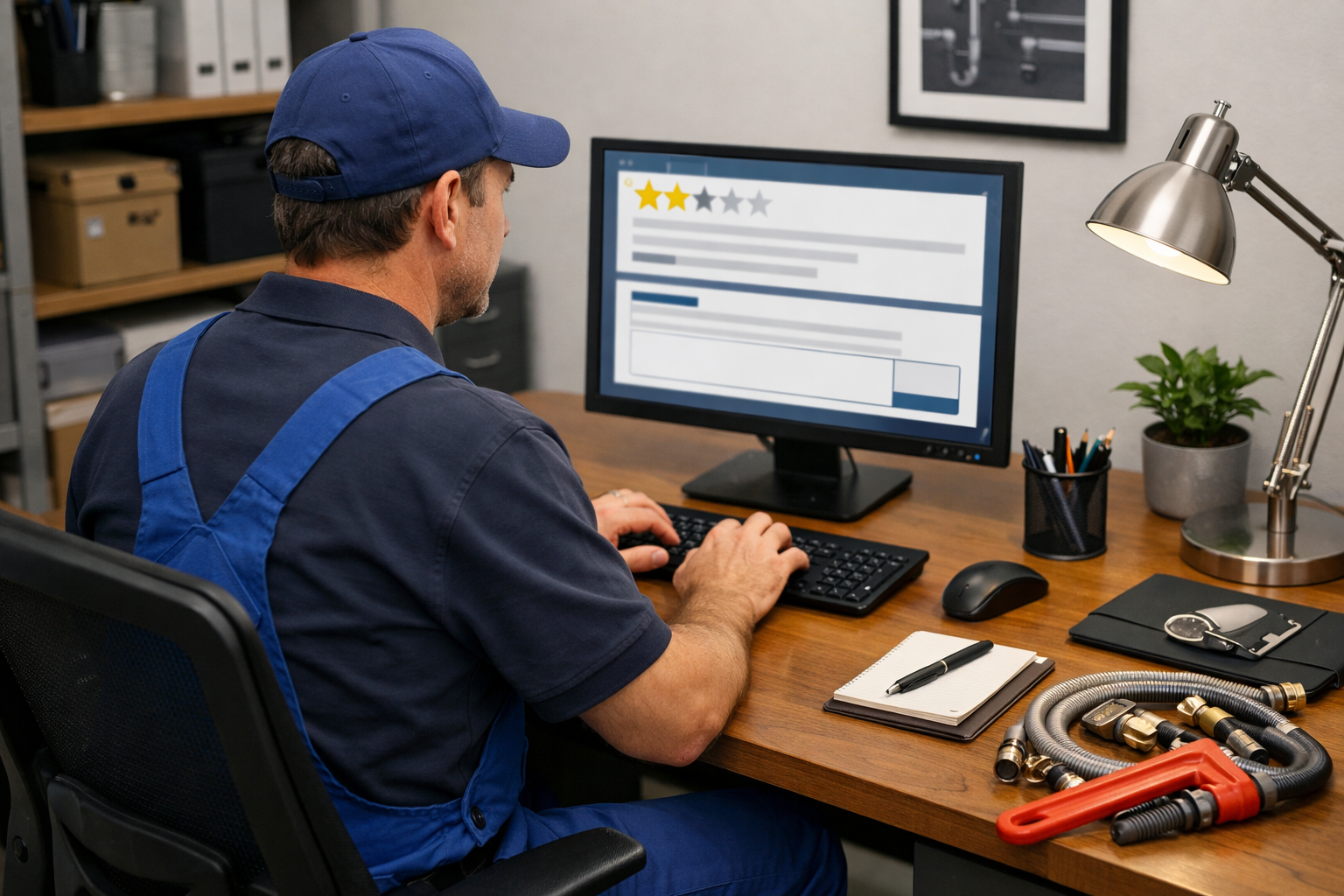 Plumber responding to negative review on a computer.