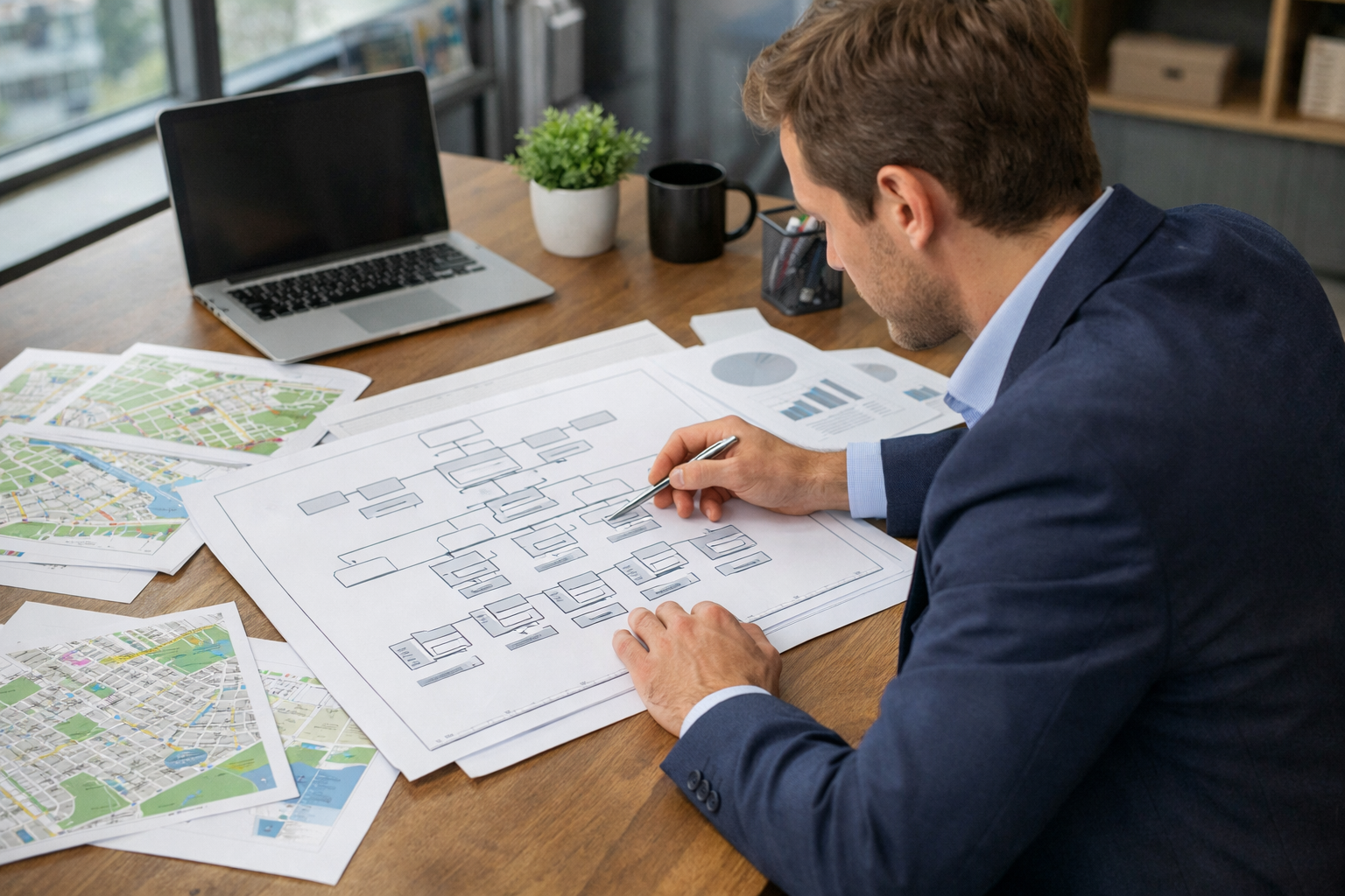 Agent reviewing content architecture blueprint with neighborhood maps.