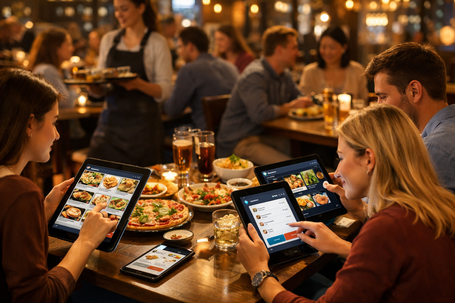 Diners use digital menus from 2eat and 10bis in a busy restaurant.