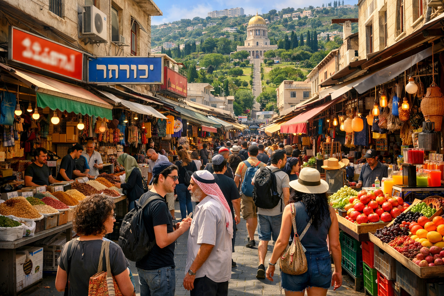 Haifa marketplace with multilingual signs in Arabic, Hebrew, and English.