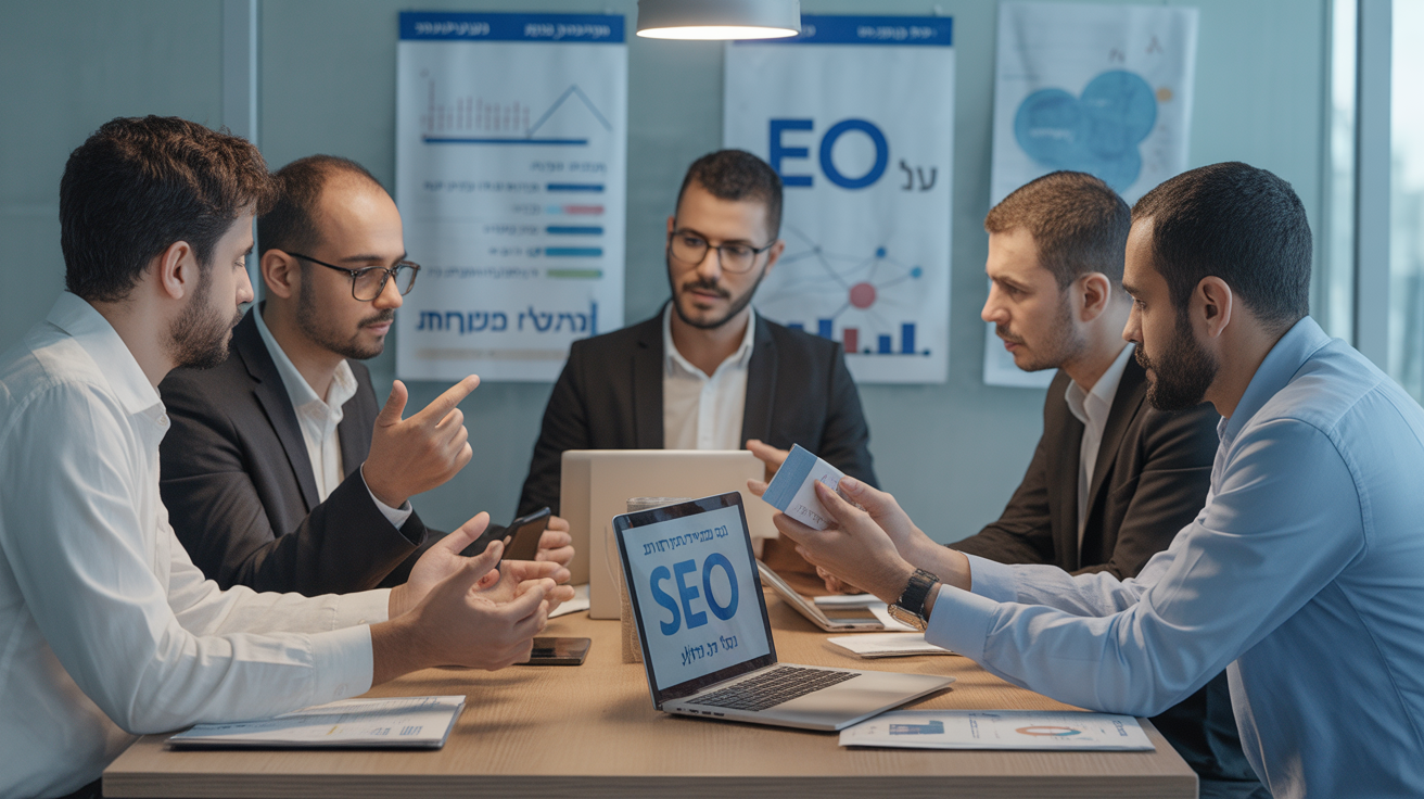 Multicultural team in office with SEO materials in three languages.