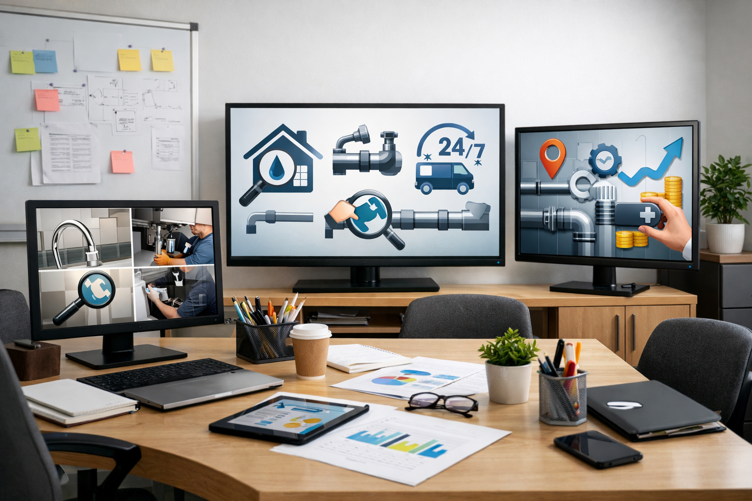 Office with notes and screens showing plumbing service search terms.