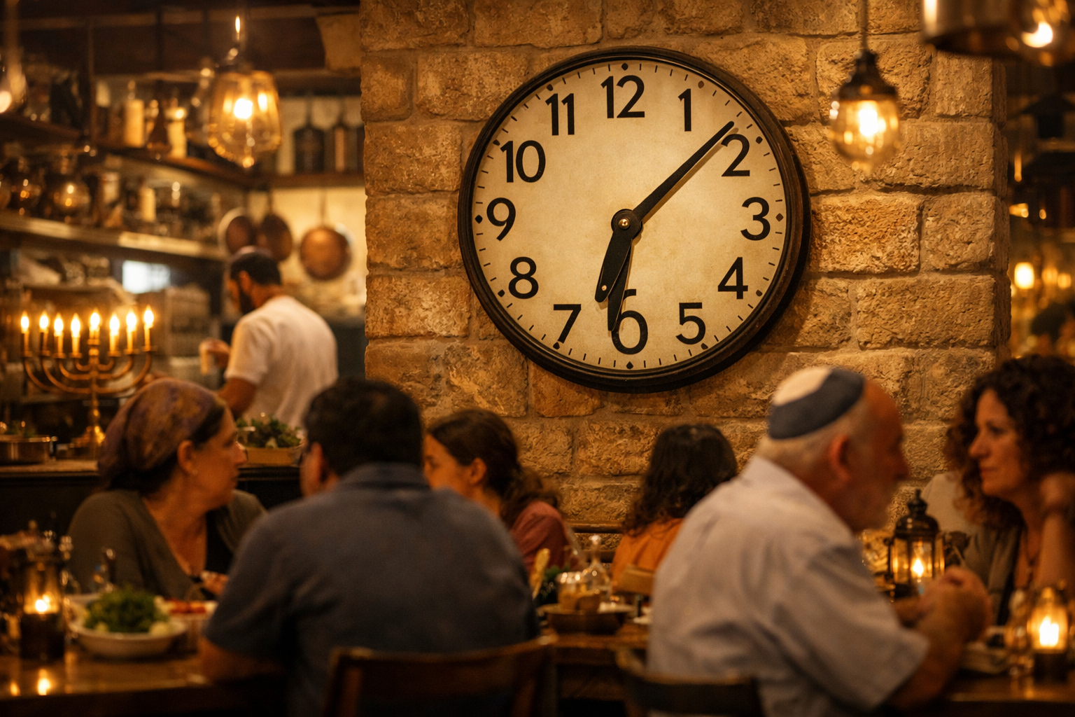 Israeli restaurant with patrons and clock showing Friday evening.