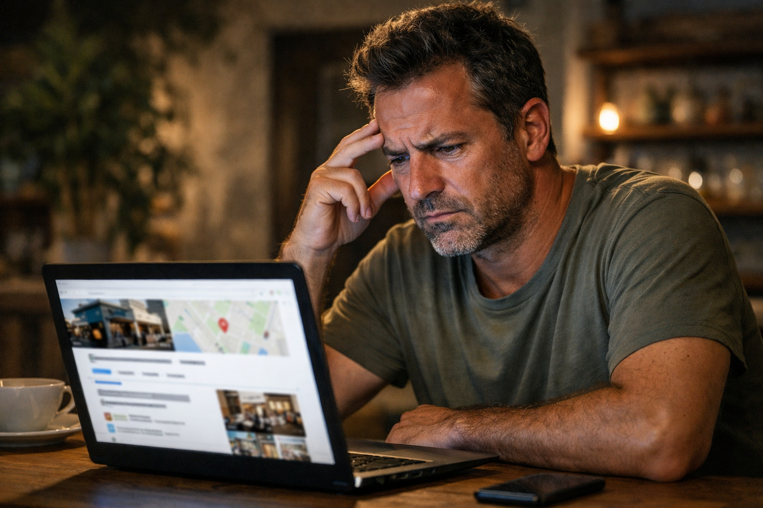 Business owner in Pardes Hana reviewing Google Profile with a concerned look.
