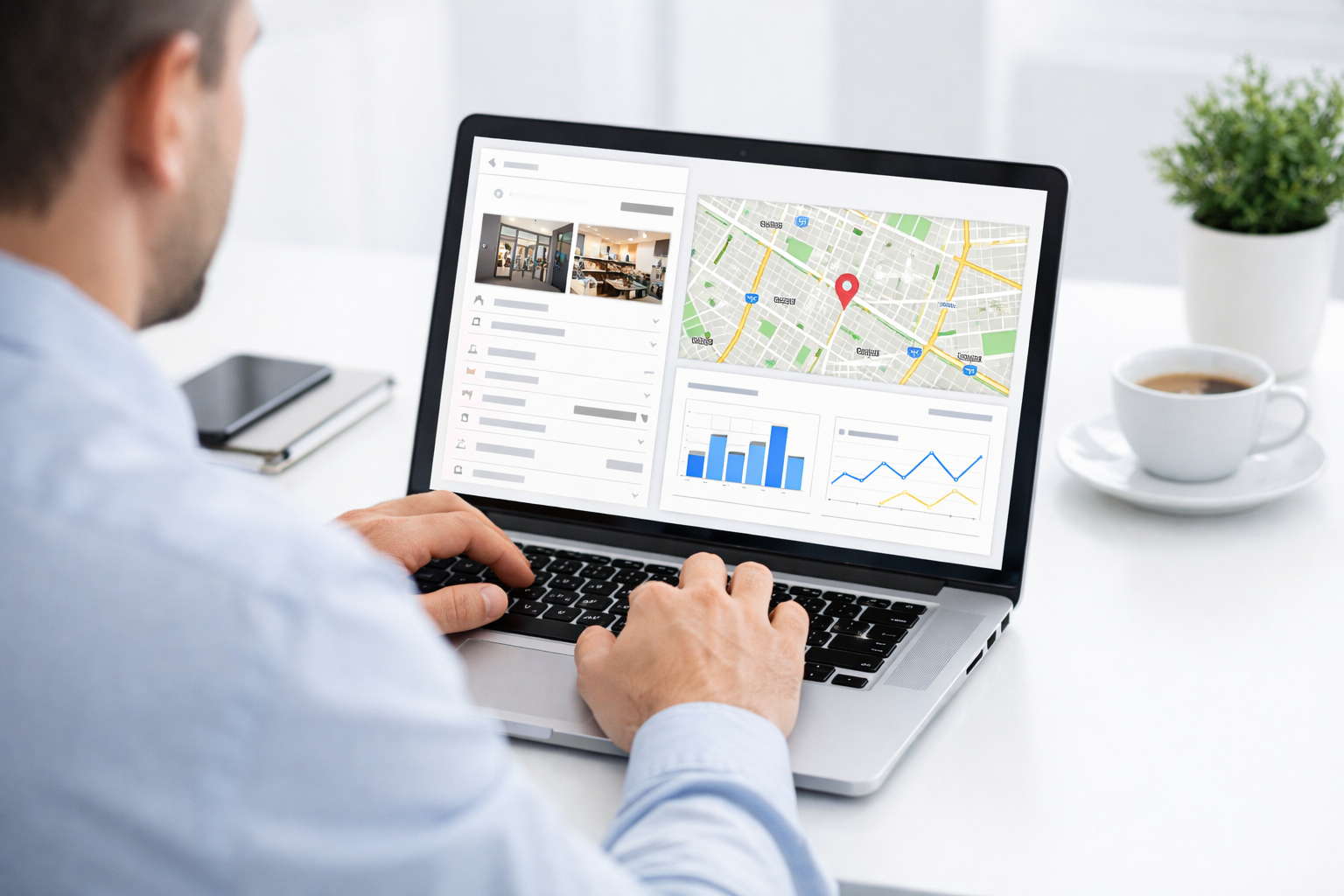 Business owner using laptop for Google Business Profile optimization.