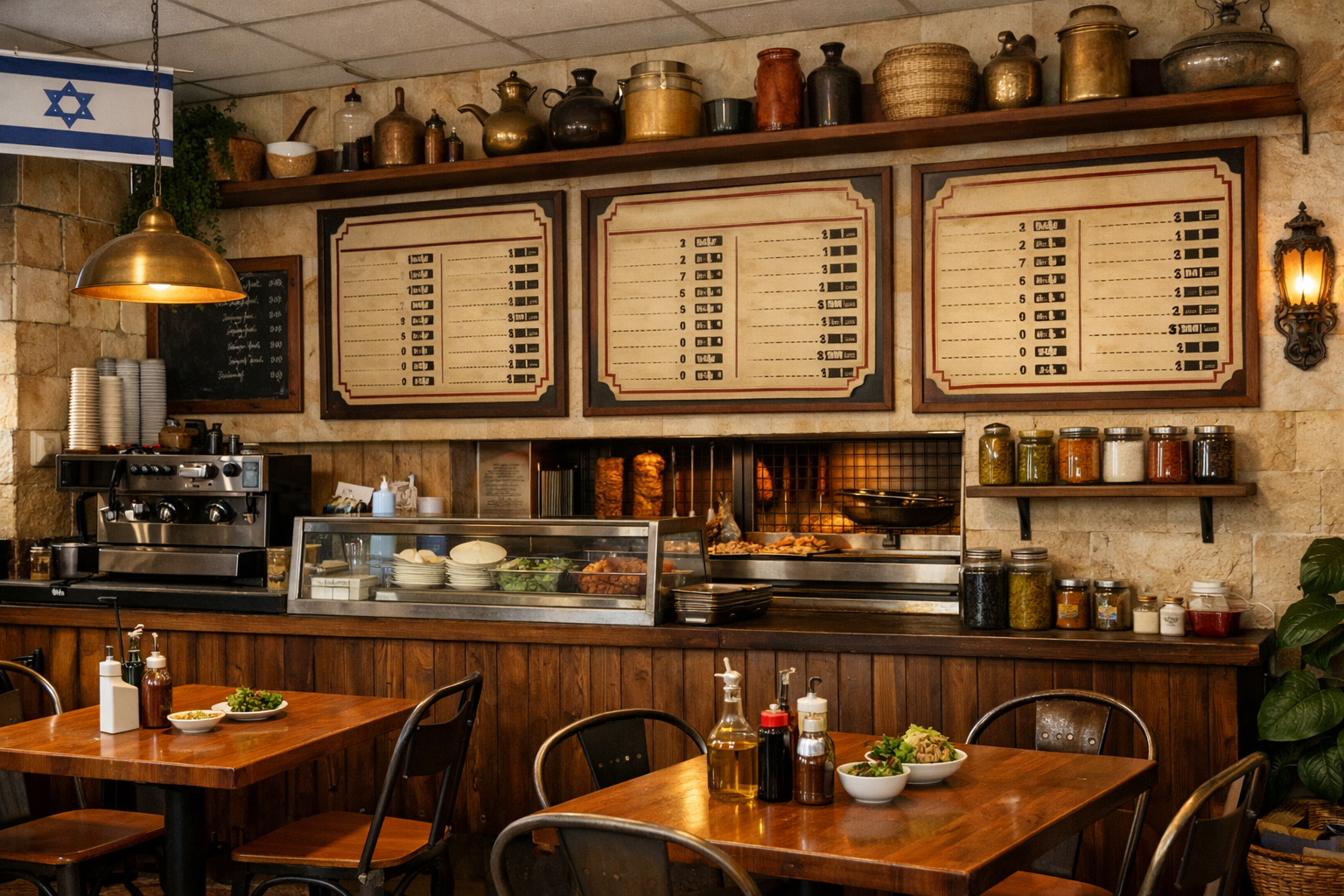 Interior of Israeli business with Hebrew signage, menus, and price lists.