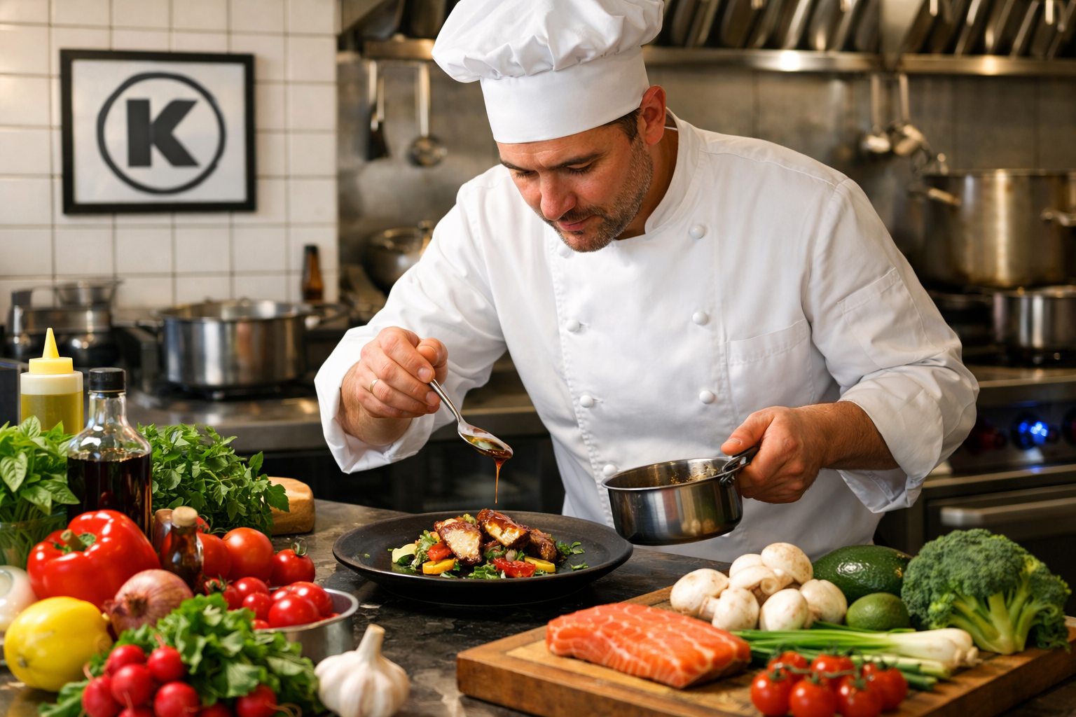 Chef preparing dish in kitchen with Kosher certificate.