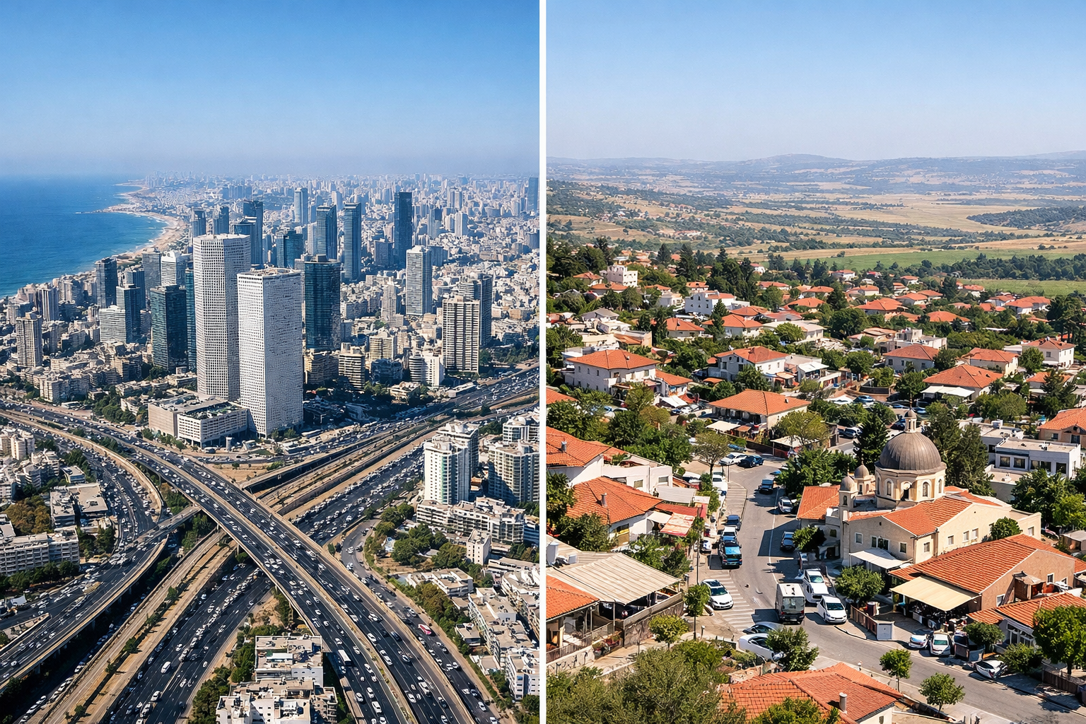 Comparison of large metropolitan and small cityscapes in Israel.