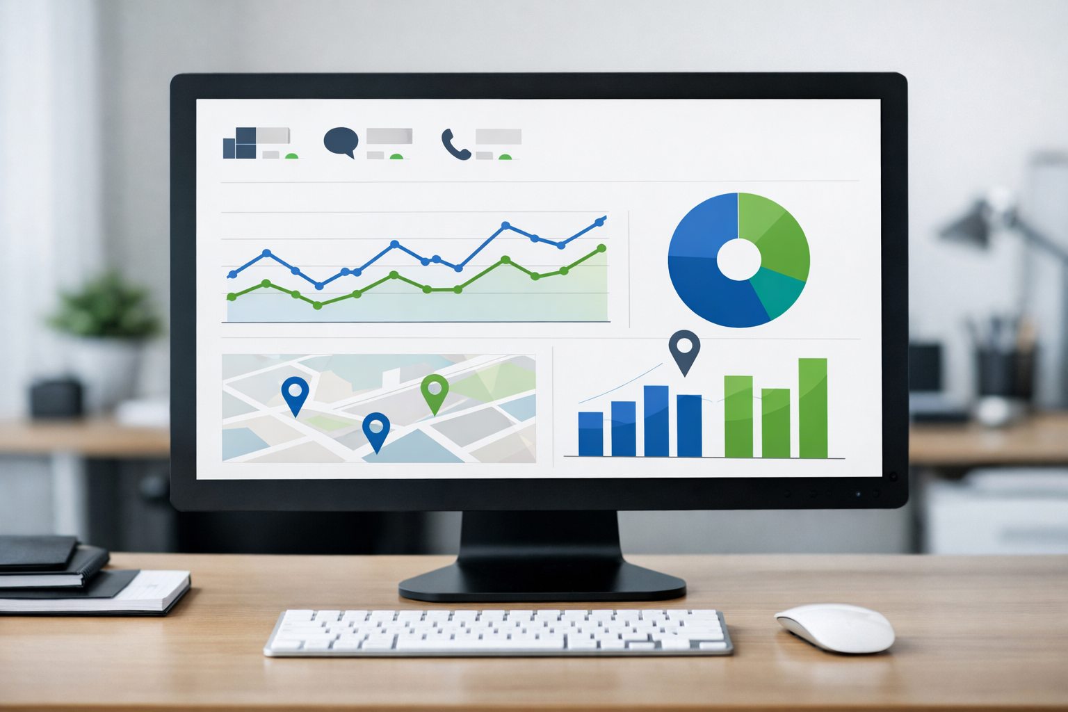 Computer screen showing engagement metrics in modern office.