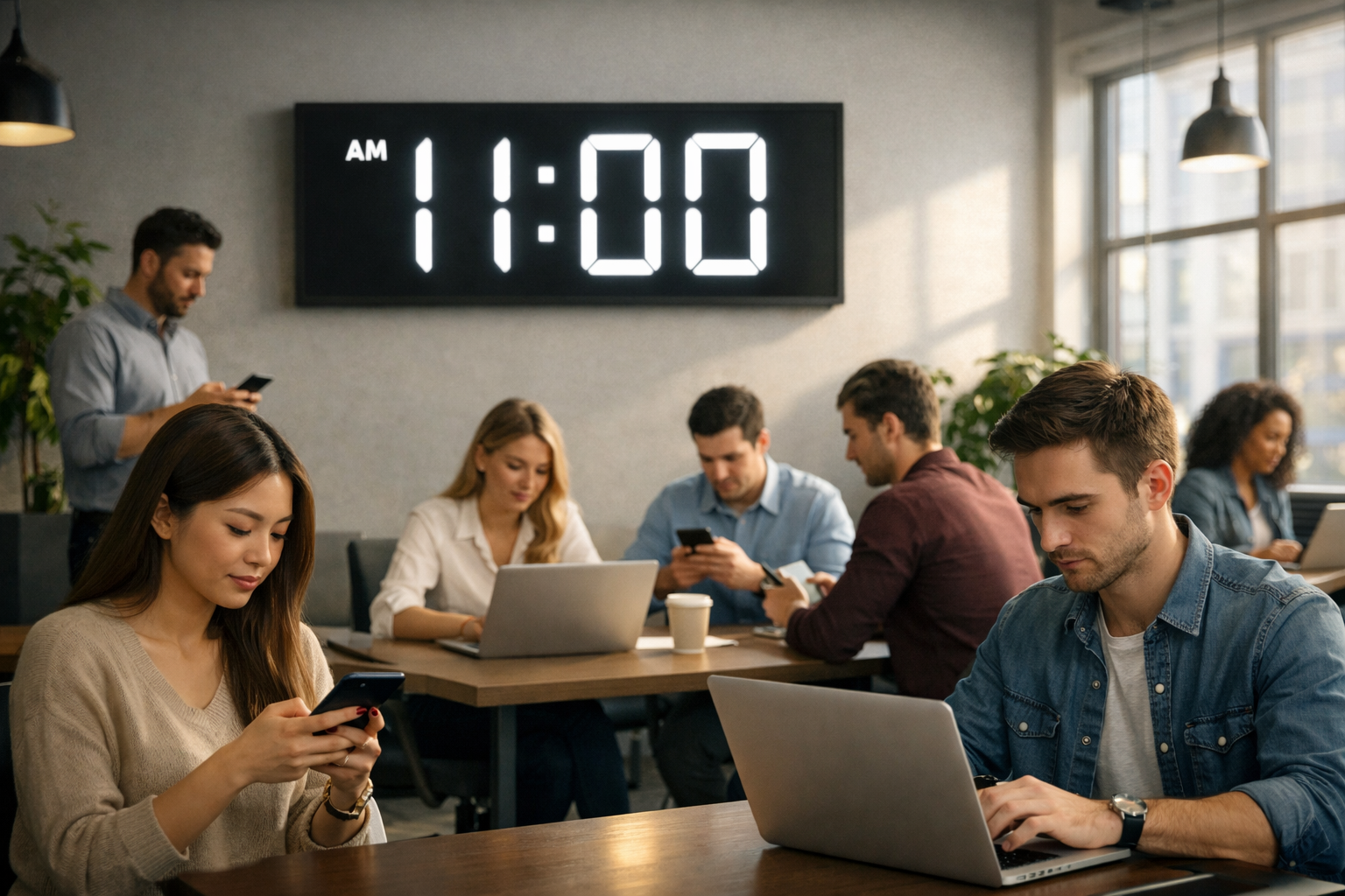 Office with digital clock at 11 AM and people on phones and laptops.