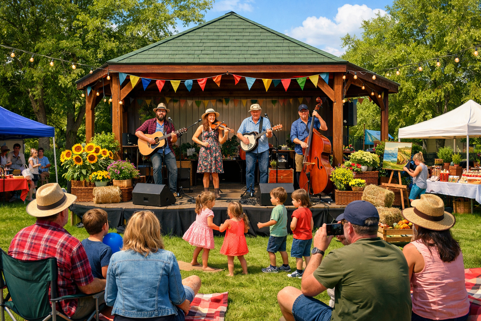 Small stage in park with people engaging in daylight.