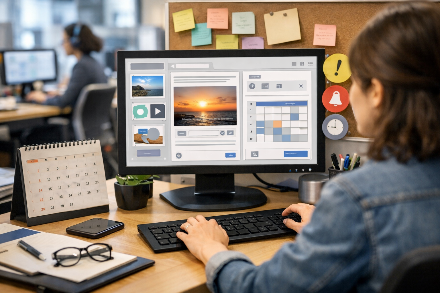 Person in office scheduling posts with calendars and reminders.