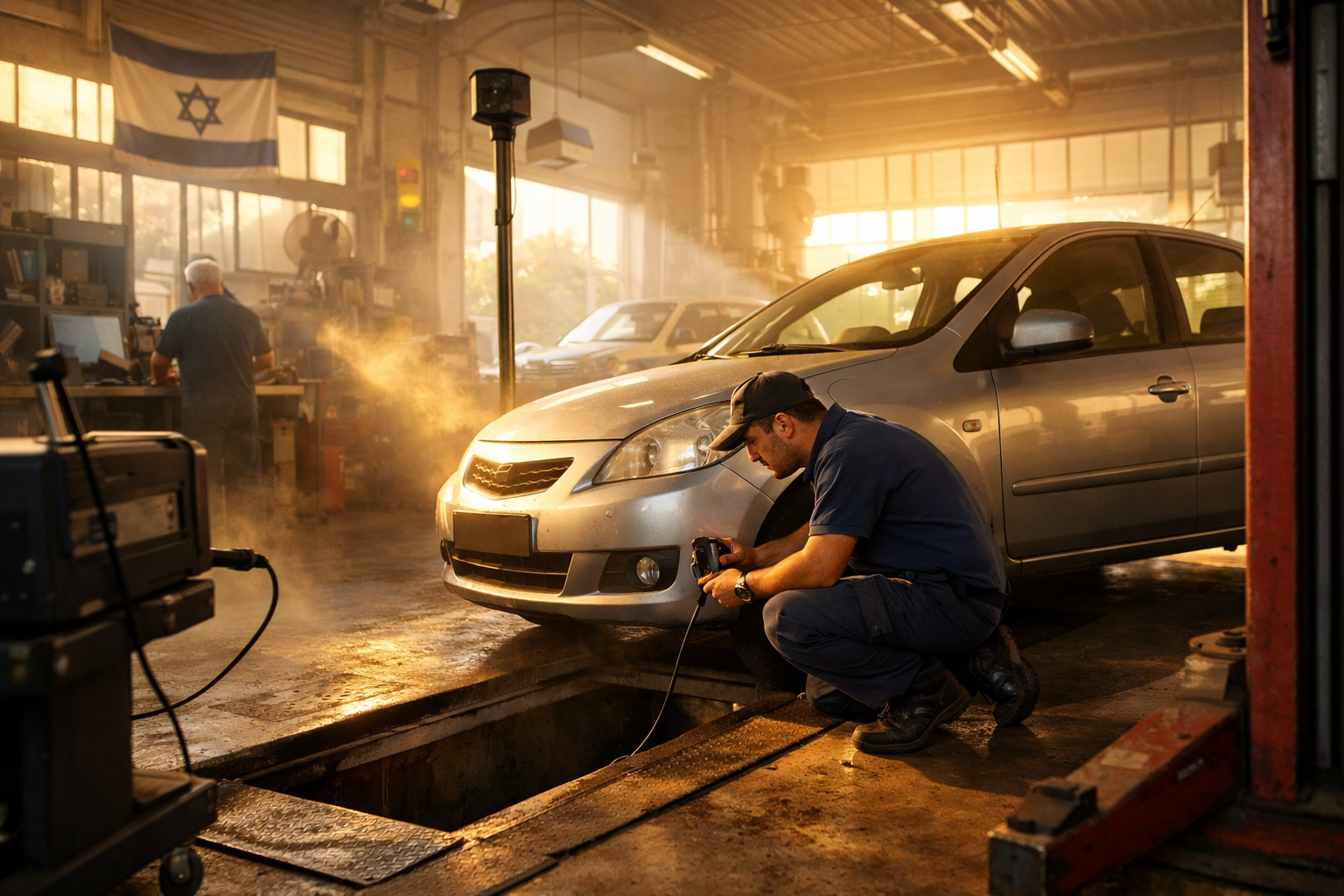 Mechanic performing טסט inspection on car in Israeli auto repair shop.