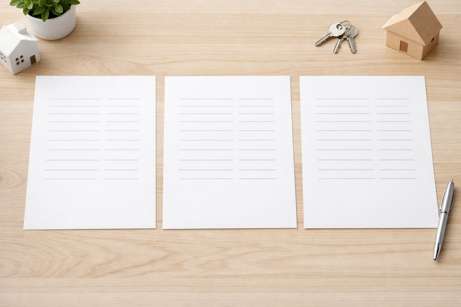 Papers with property types and Hebrew keywords on a table.