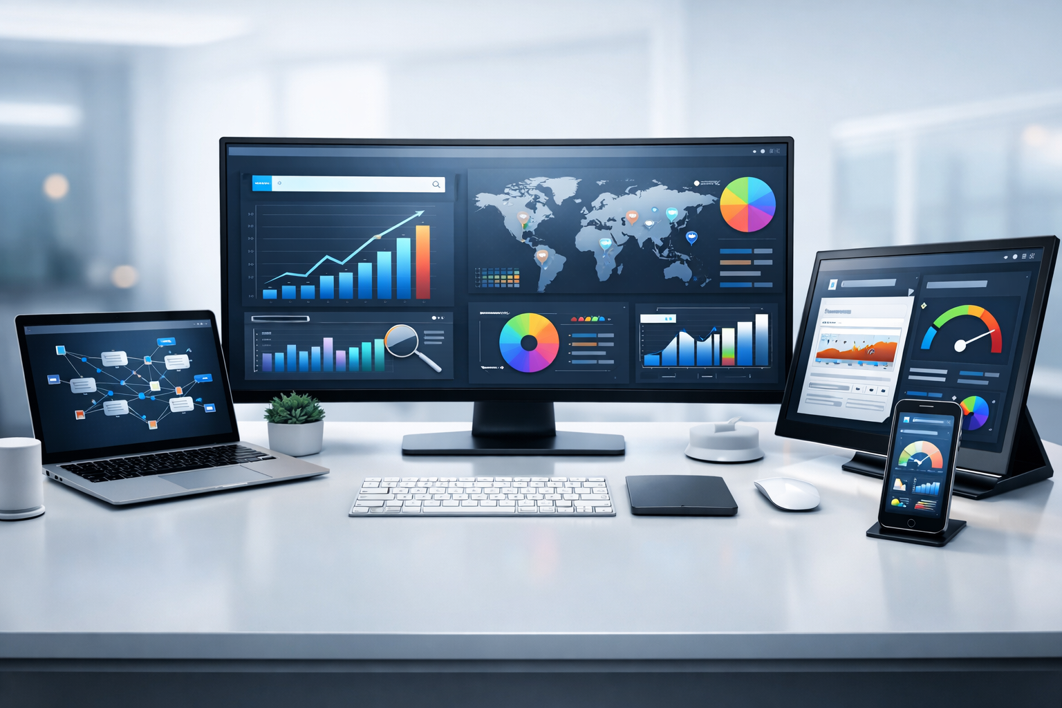 Workspace with advanced SEO tools and digital interfaces.