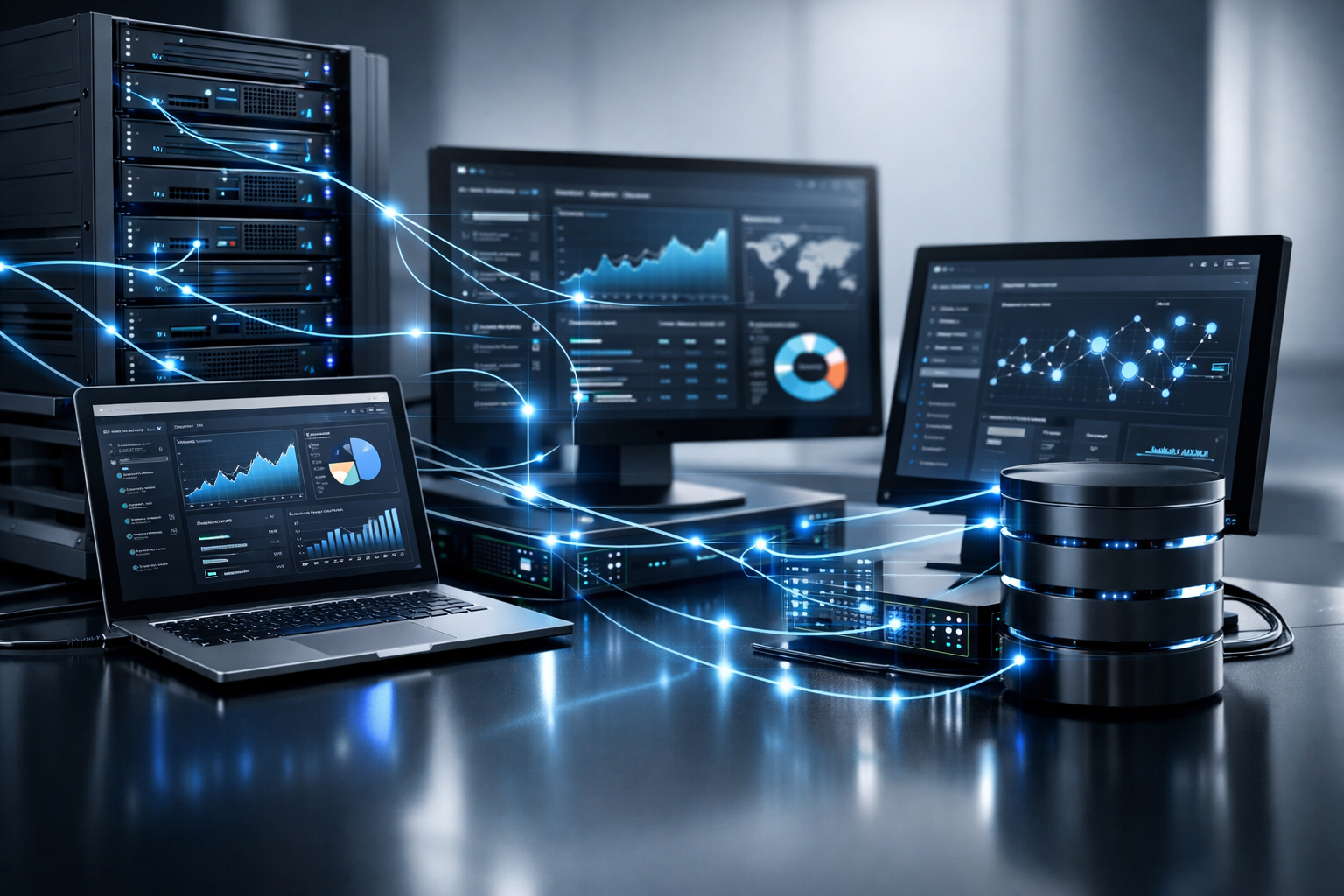 Networked computers with custom SEO tools and shared databases.