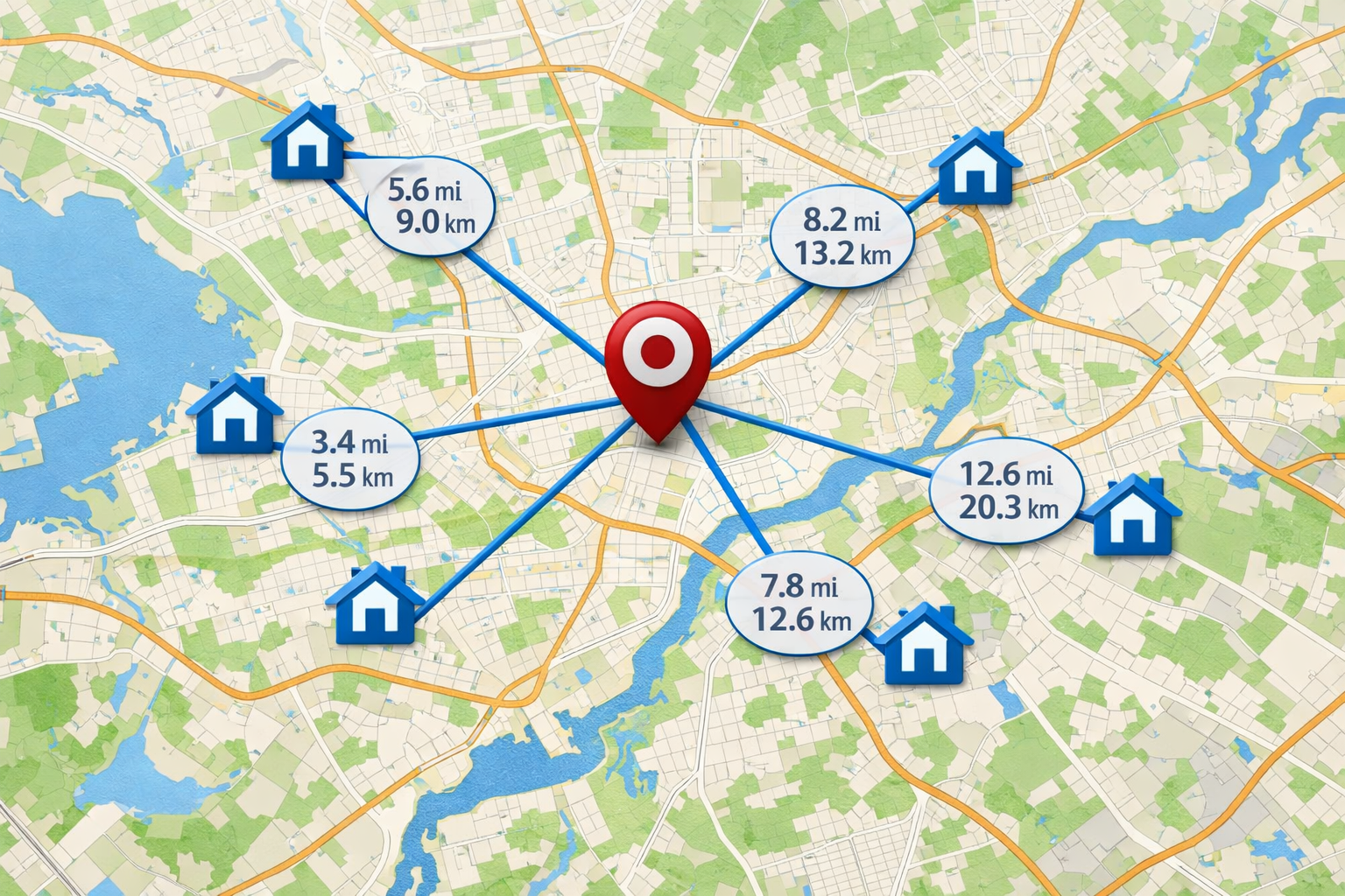 Map interface with business location pin and distance lines.