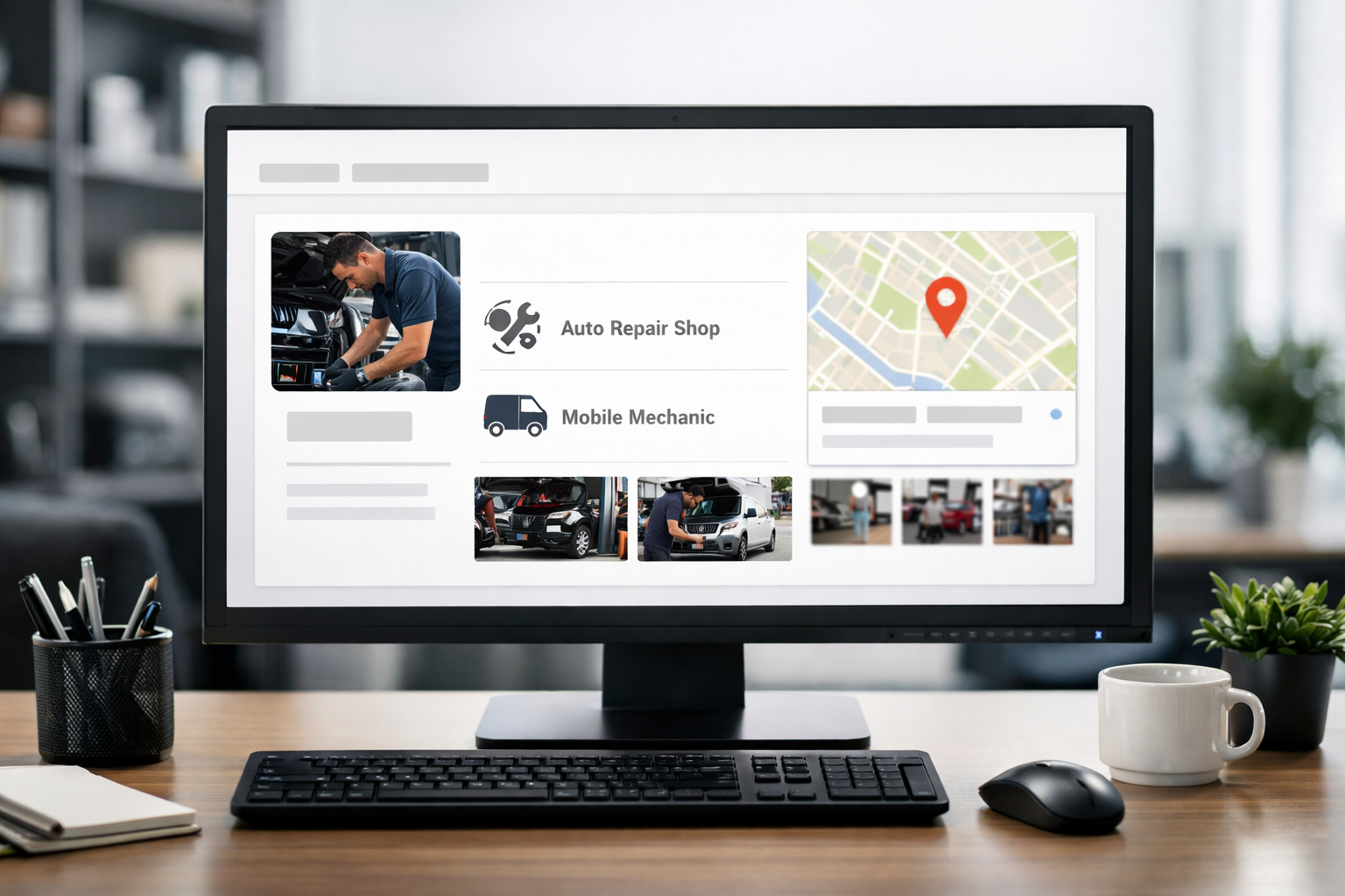 Google Business Profile page on computer with auto repair categories.