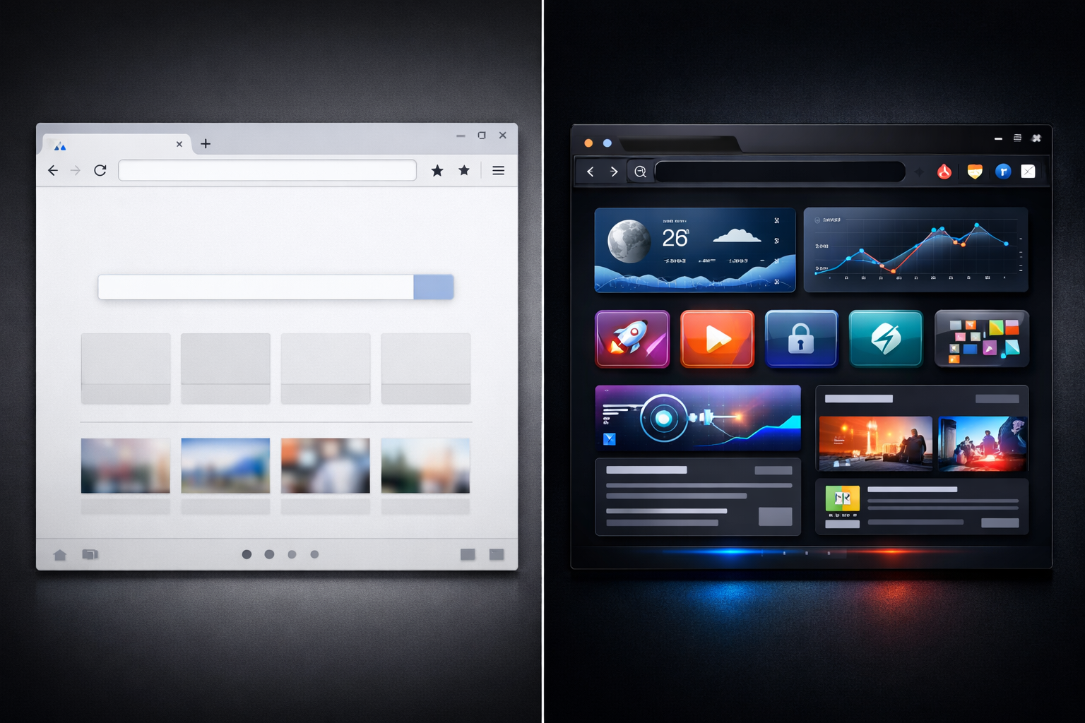 Comparison of stock and modified browsers, highlighting design differences.