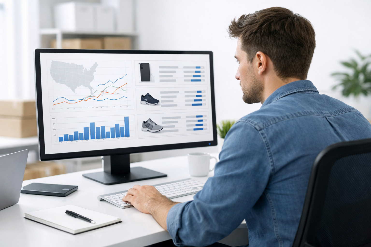 Entrepreneur analyzing national SEO reports on a computer.