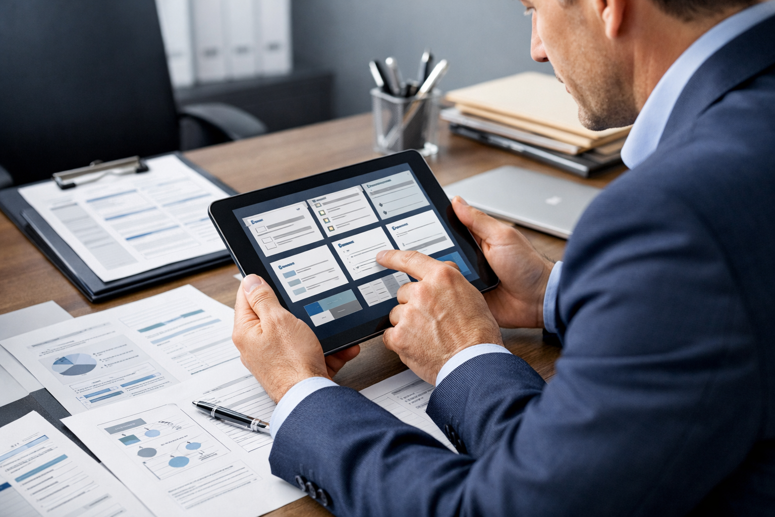 Manager using a tablet to review response templates in an organized office.