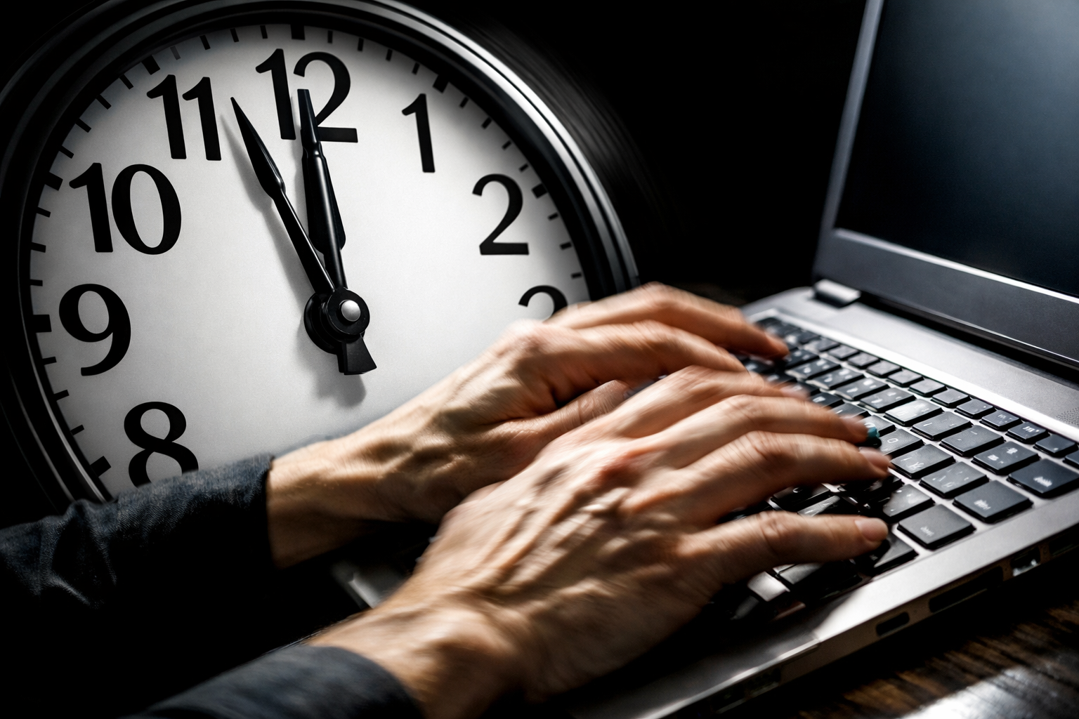 Person typing urgently on a laptop next to a clock.