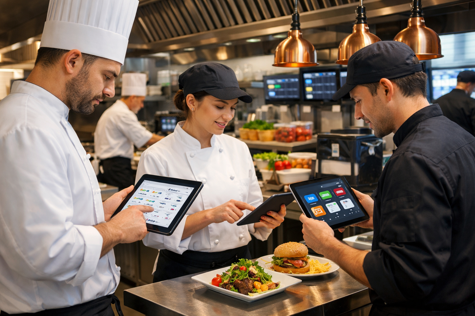 Restaurant kitchen with chefs using tablets for menu schema data.