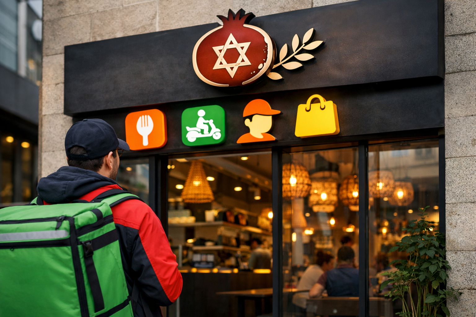 Delivery driver outside modern Israeli restaurant.