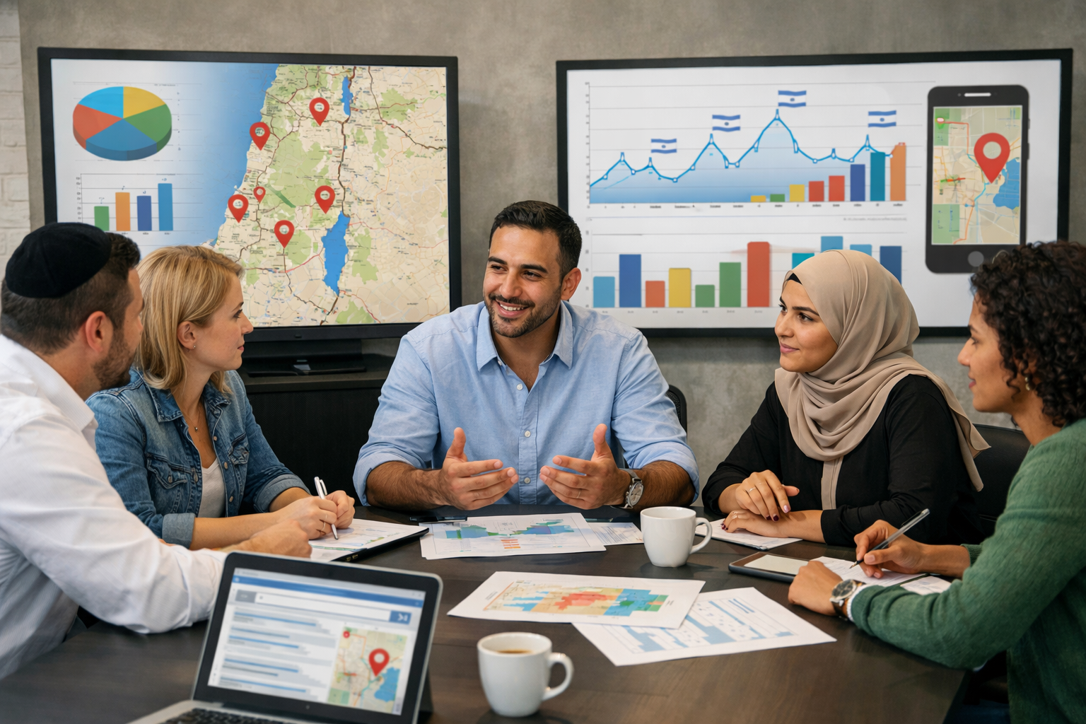 Professionals in a conference room discussing SEO strategies.