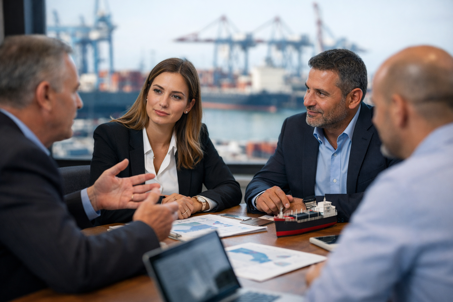 Business meeting in Ashdod focused on maritime logistics and planning.
