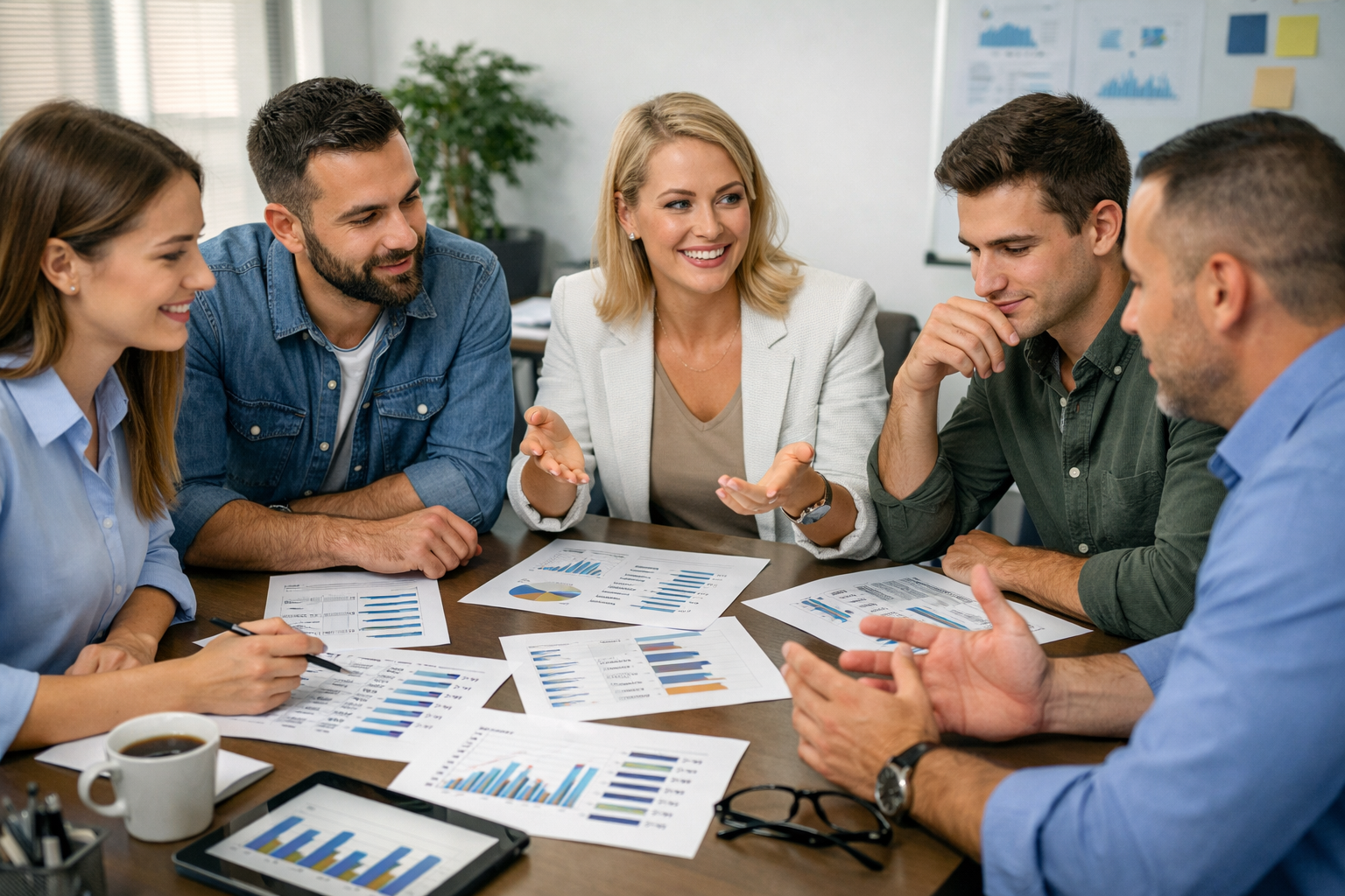 Marketers strategizing around a table, discussing industrial keywords with Hebrew documents.