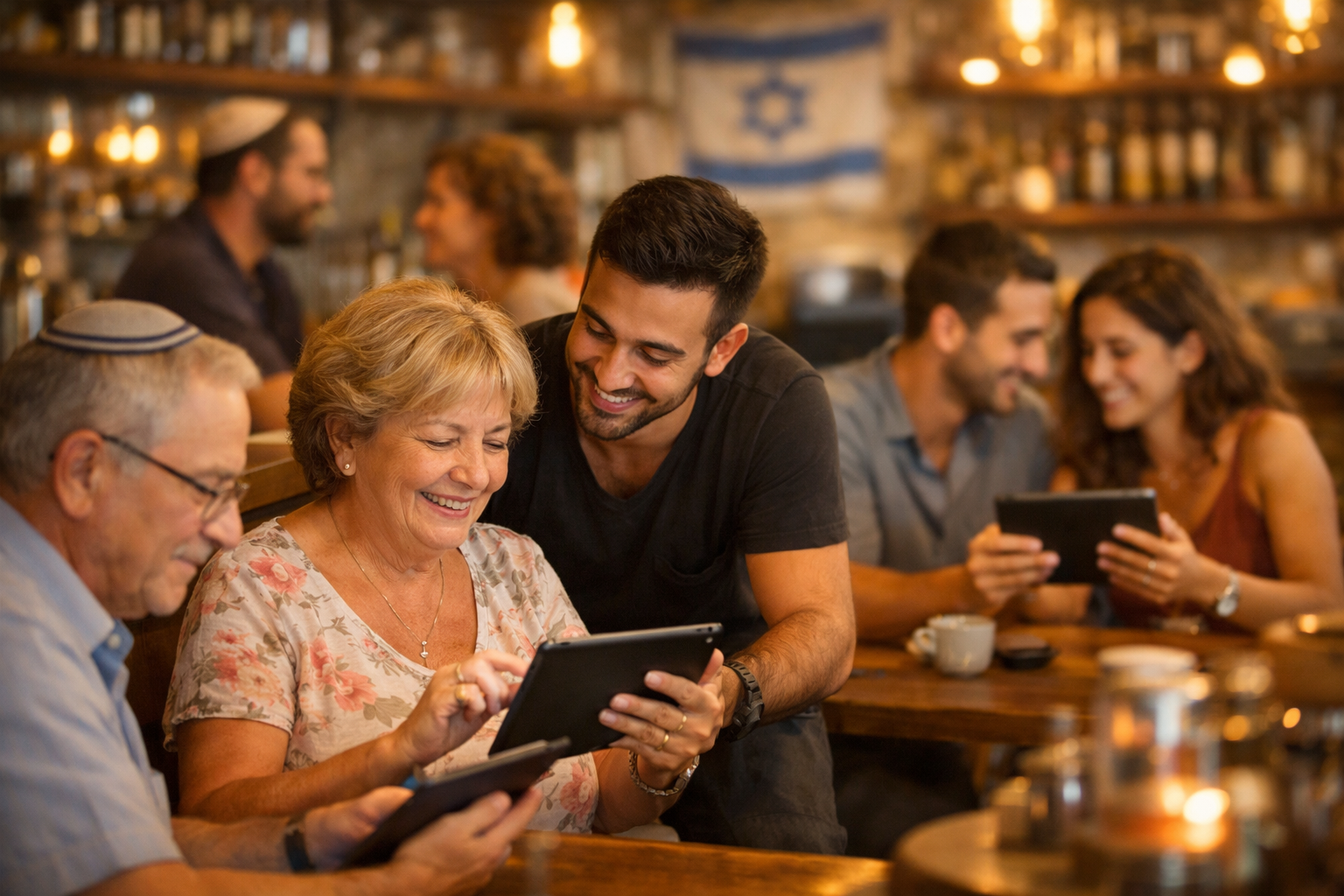 Patrons in a café using tablets to give feedback.