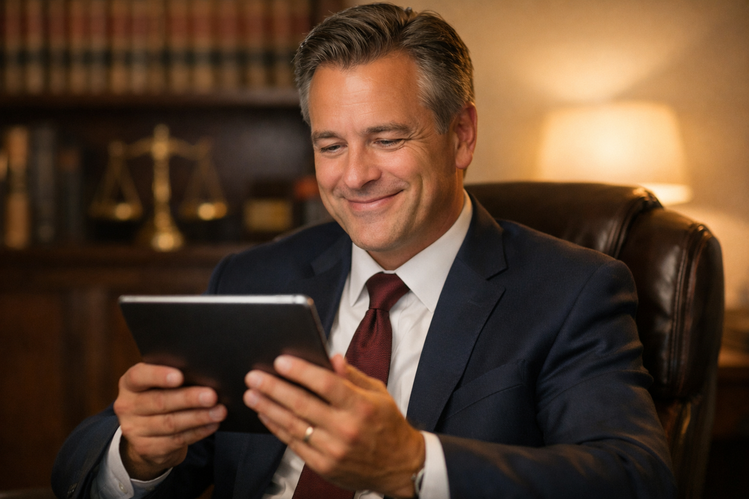 Attorney reading positive Google reviews on a tablet.