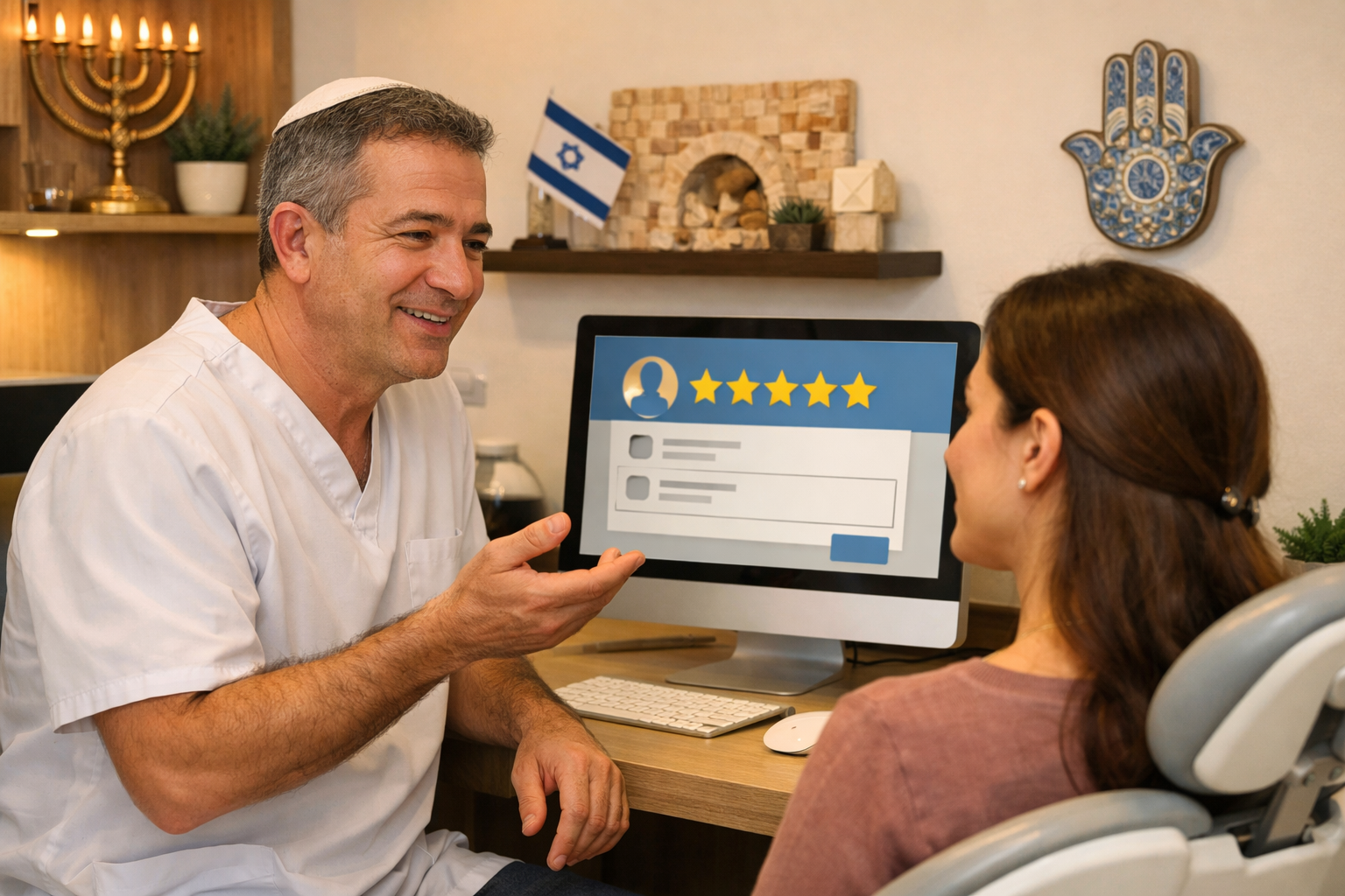 Dentist with patient discussing reviews in modern office.