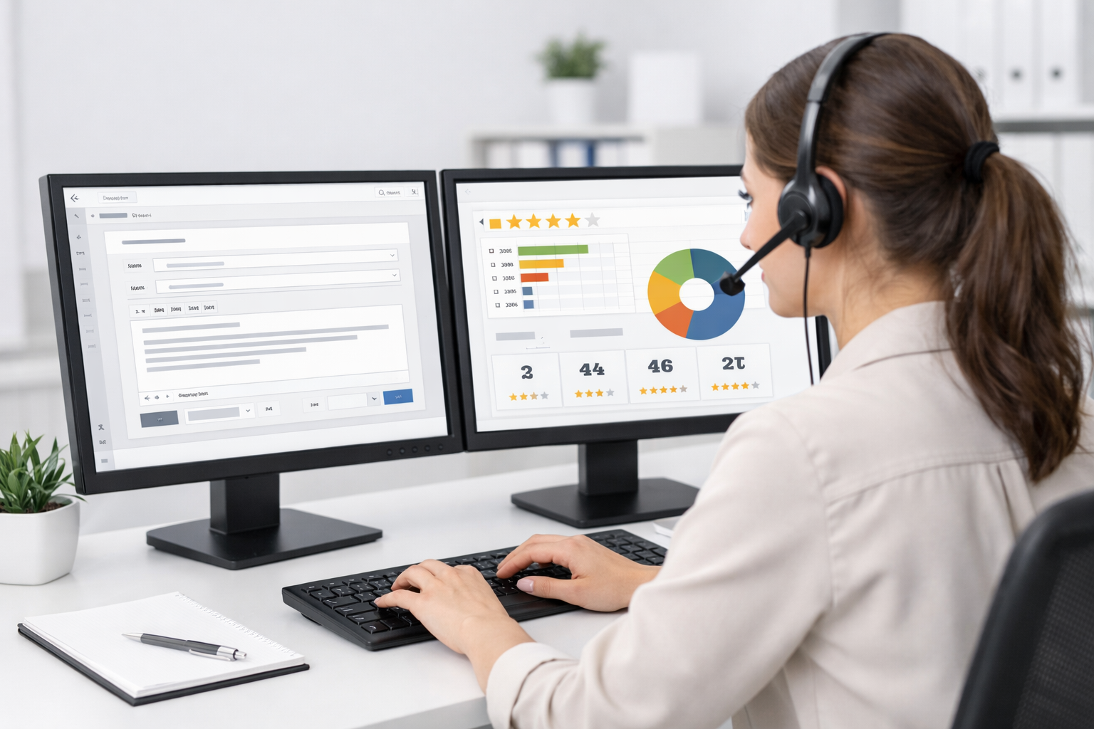 Office setting with a person using software to automate review requests.
