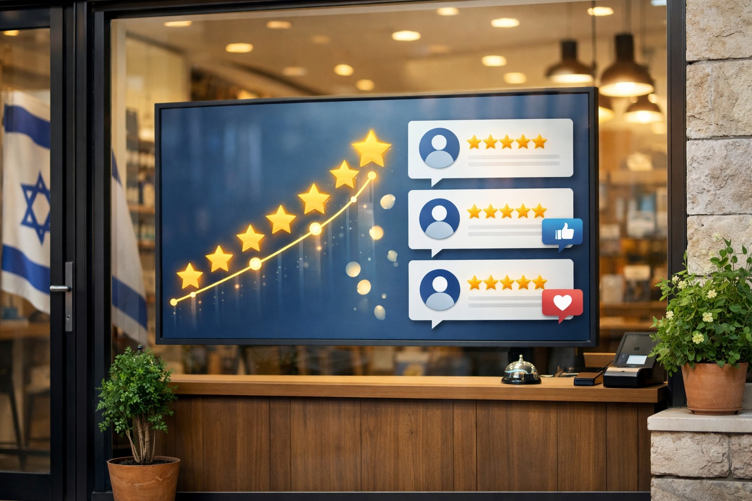 Storefront with screen showing a steady flow of customer reviews.