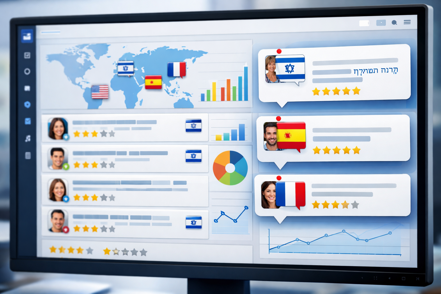 Software interface tracking multilingual reviews with Hebrew notifications.