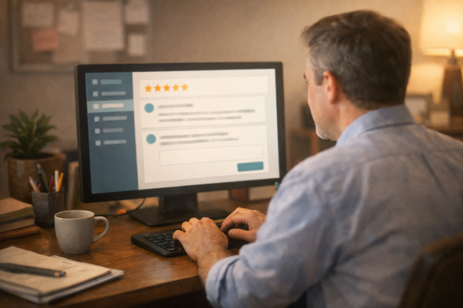 Business owner responding to reviews on a computer using Hebrew templates.