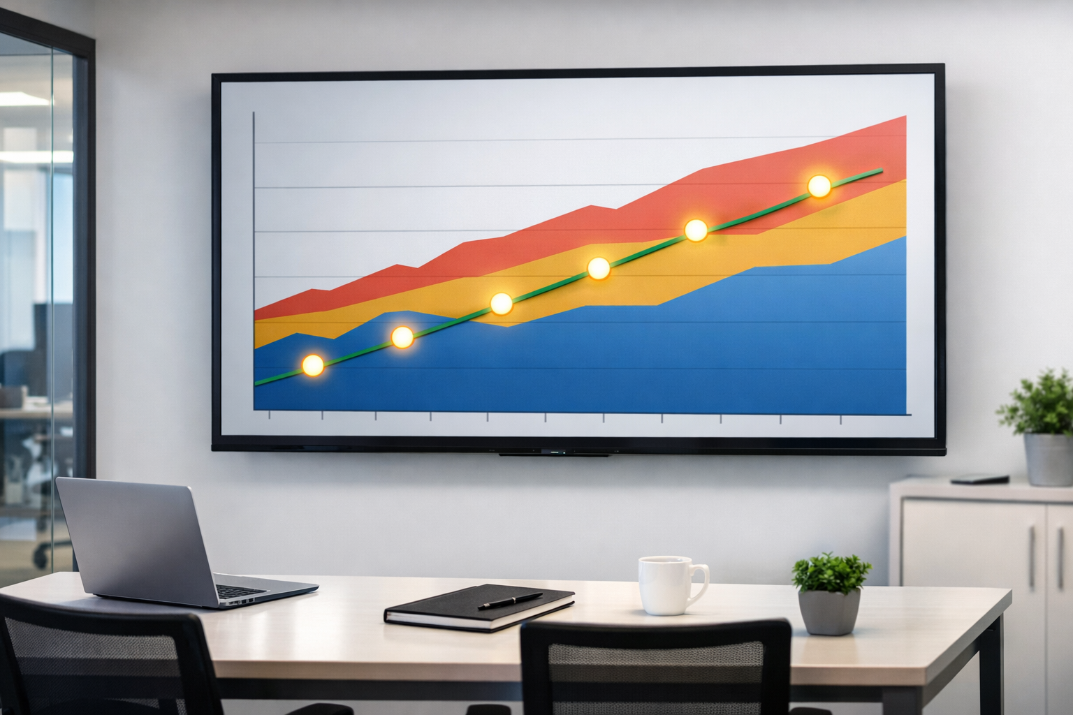 Graph showing plumber review growth over time on a screen in an office.