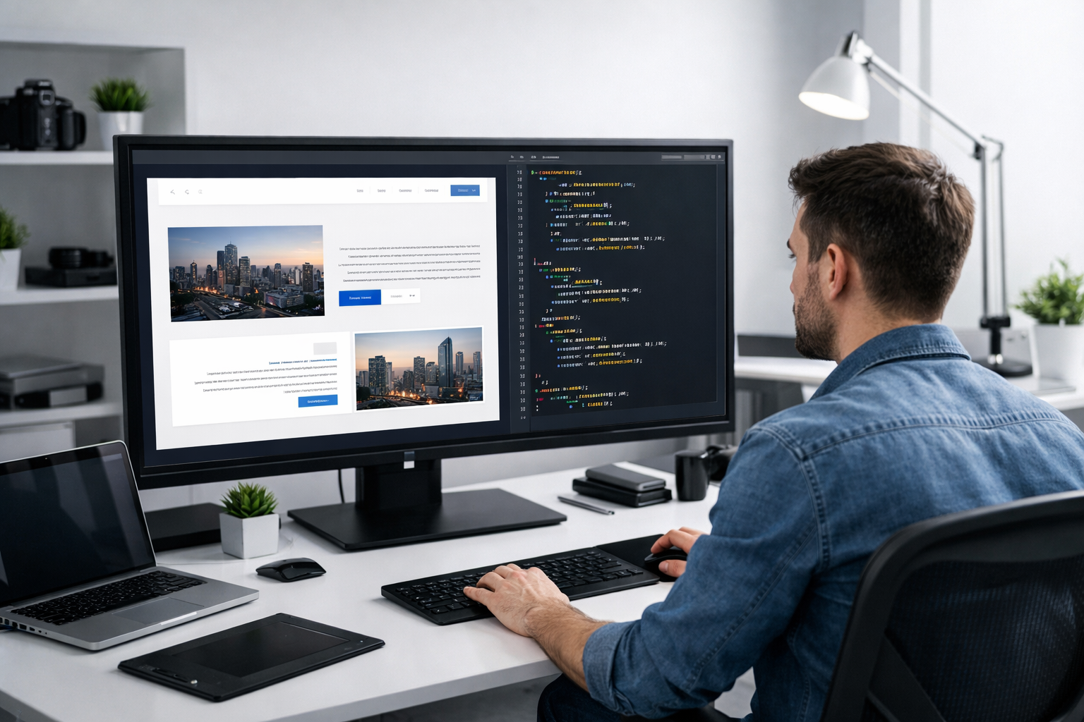 Web designer testing RTL optimization on a large screen in a studio.