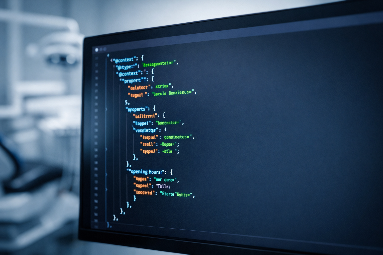 Computer screen displaying schema markup code in a dental office.