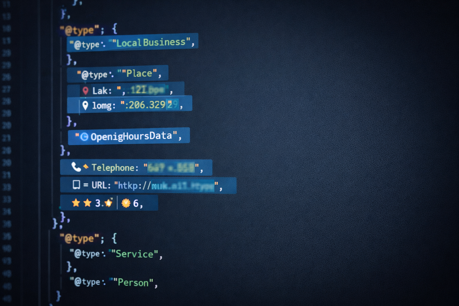 Computer screen displaying schema markup code for websites.