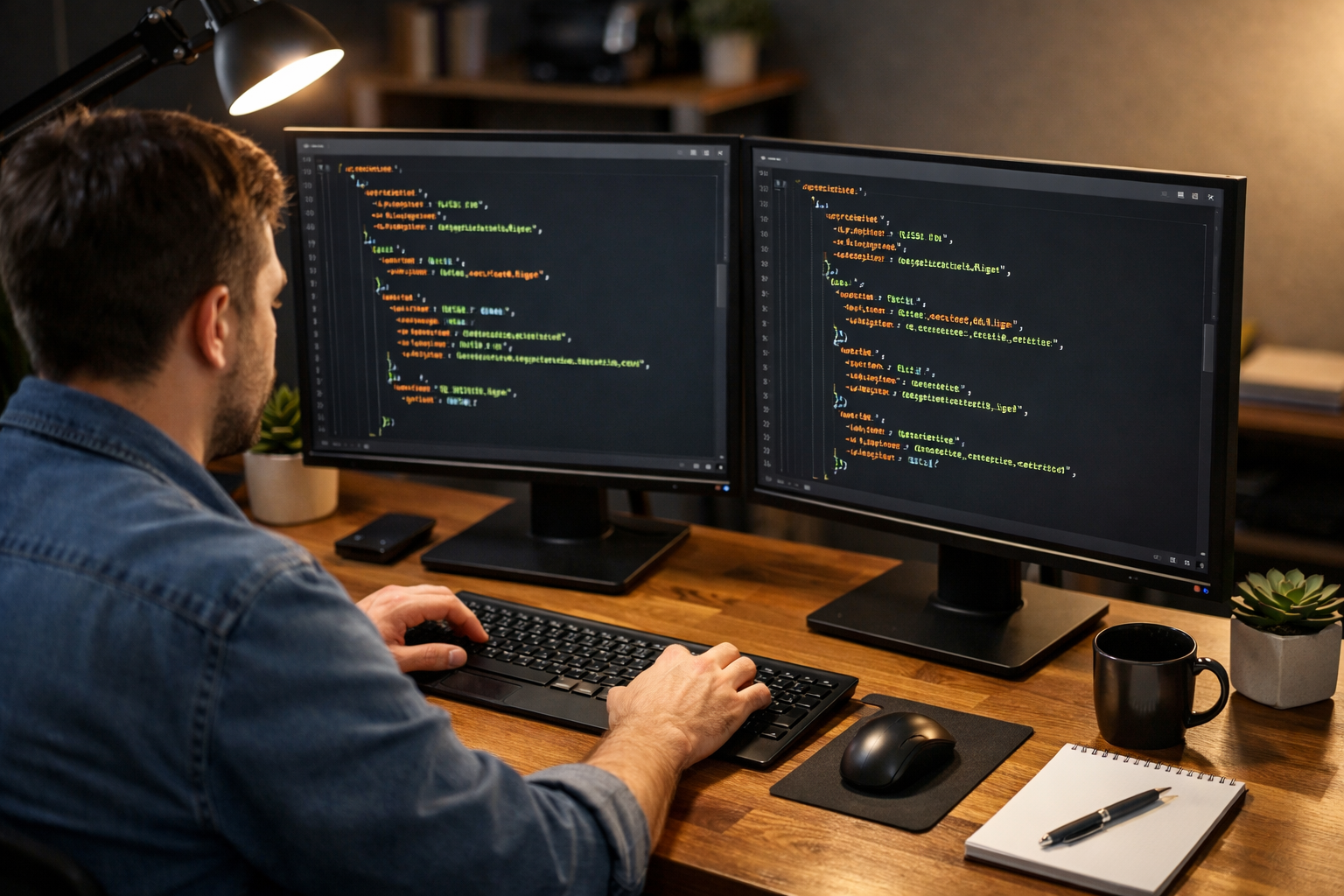 Developer coding schema markup for AI on a computer screen.