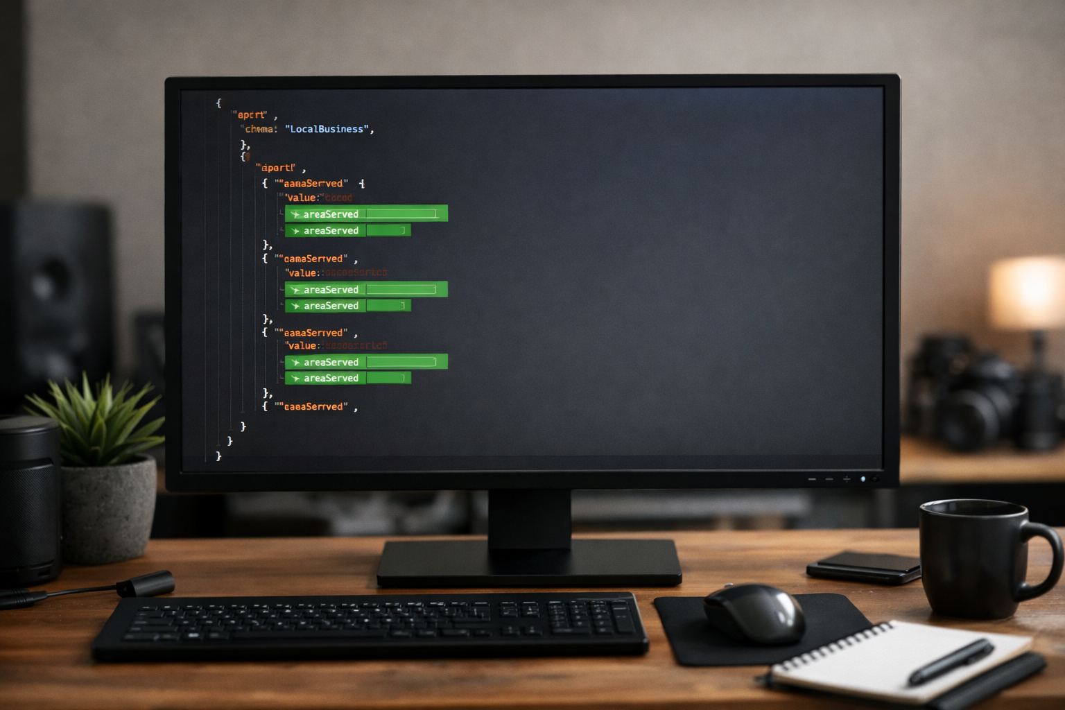 Screen showing code snippets of LocalBusiness schema, tech workspace.