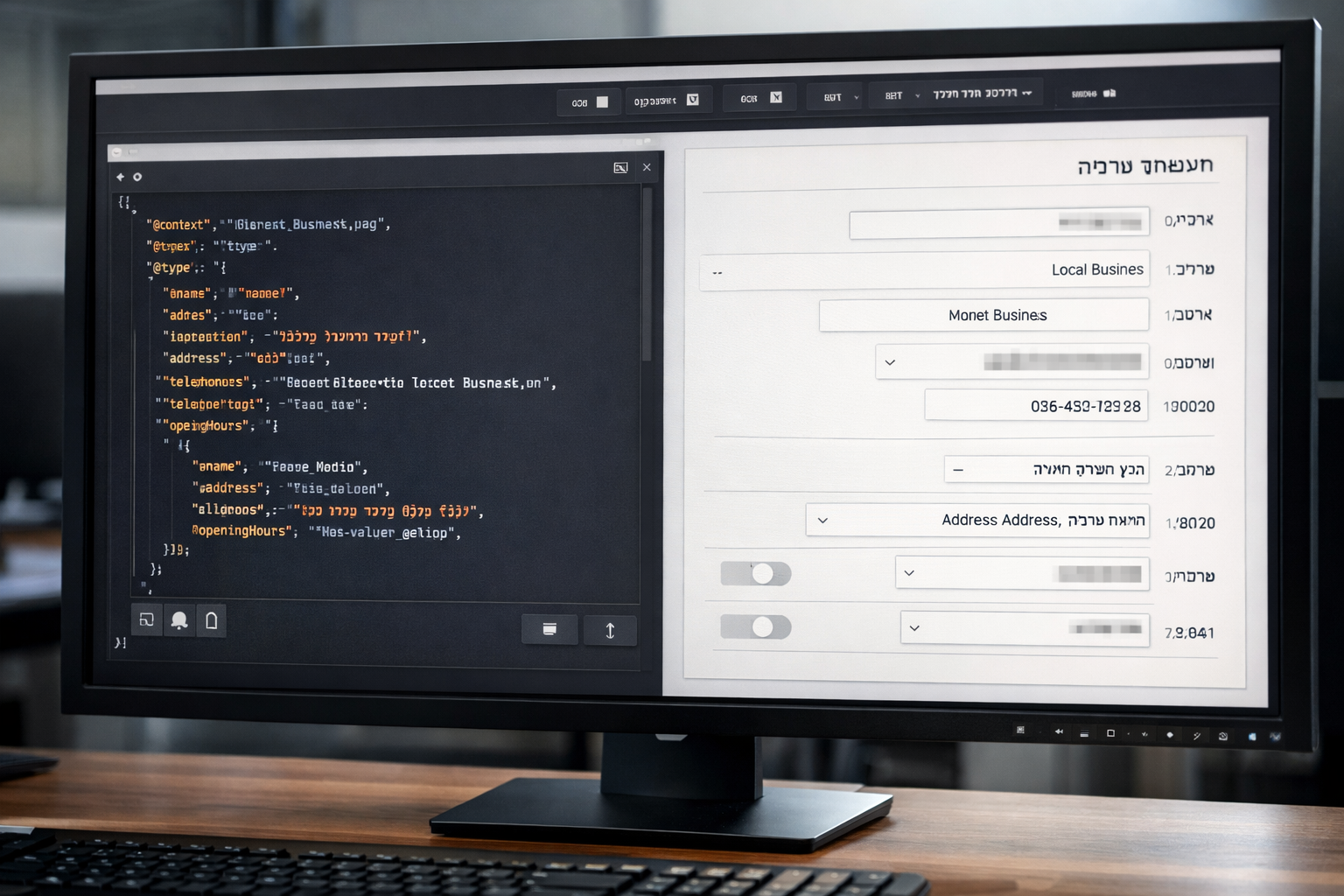 Schema Root interface generating structured data in Hebrew and English.