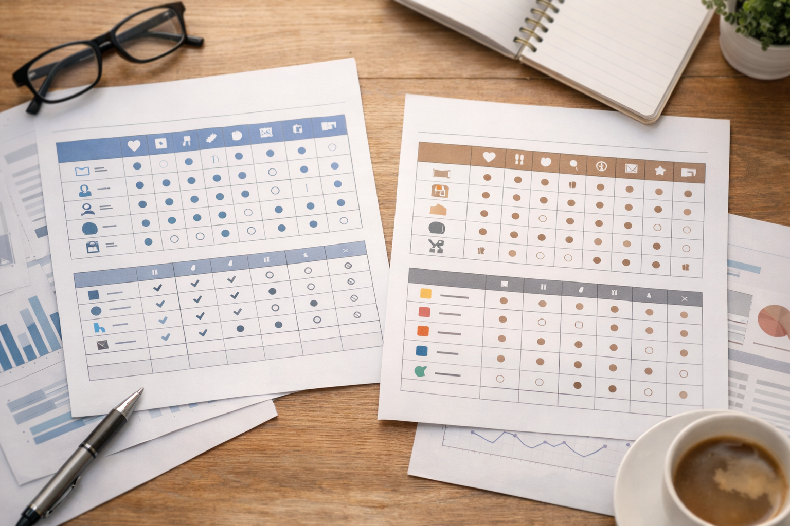 Printed charts showing schema types for business verticals