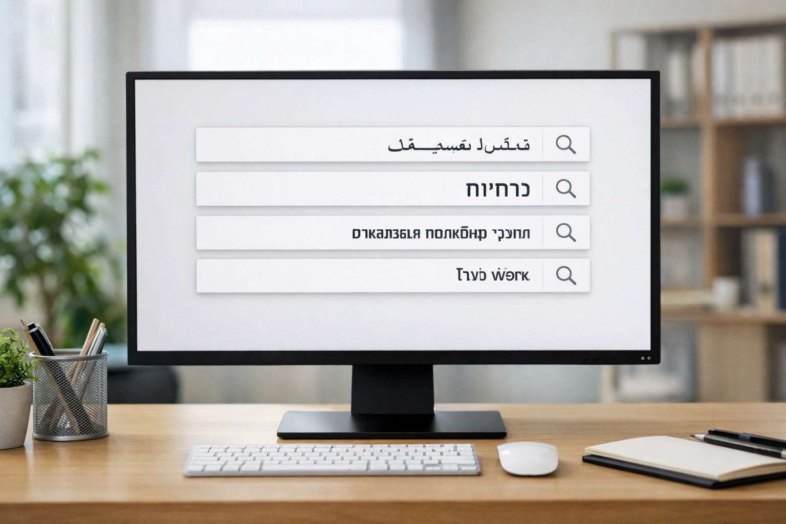 Search engine screen with queries in Arabic, Hebrew, Russian, and English.